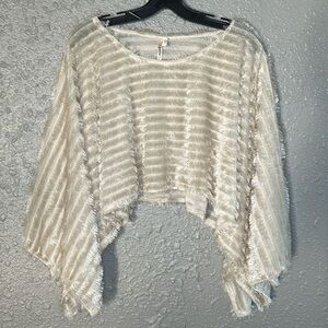 36 Point 5 Shaggy Shawl Shrug Crop Faux Fur Cover Up Mesh Beige Tan White Fringe